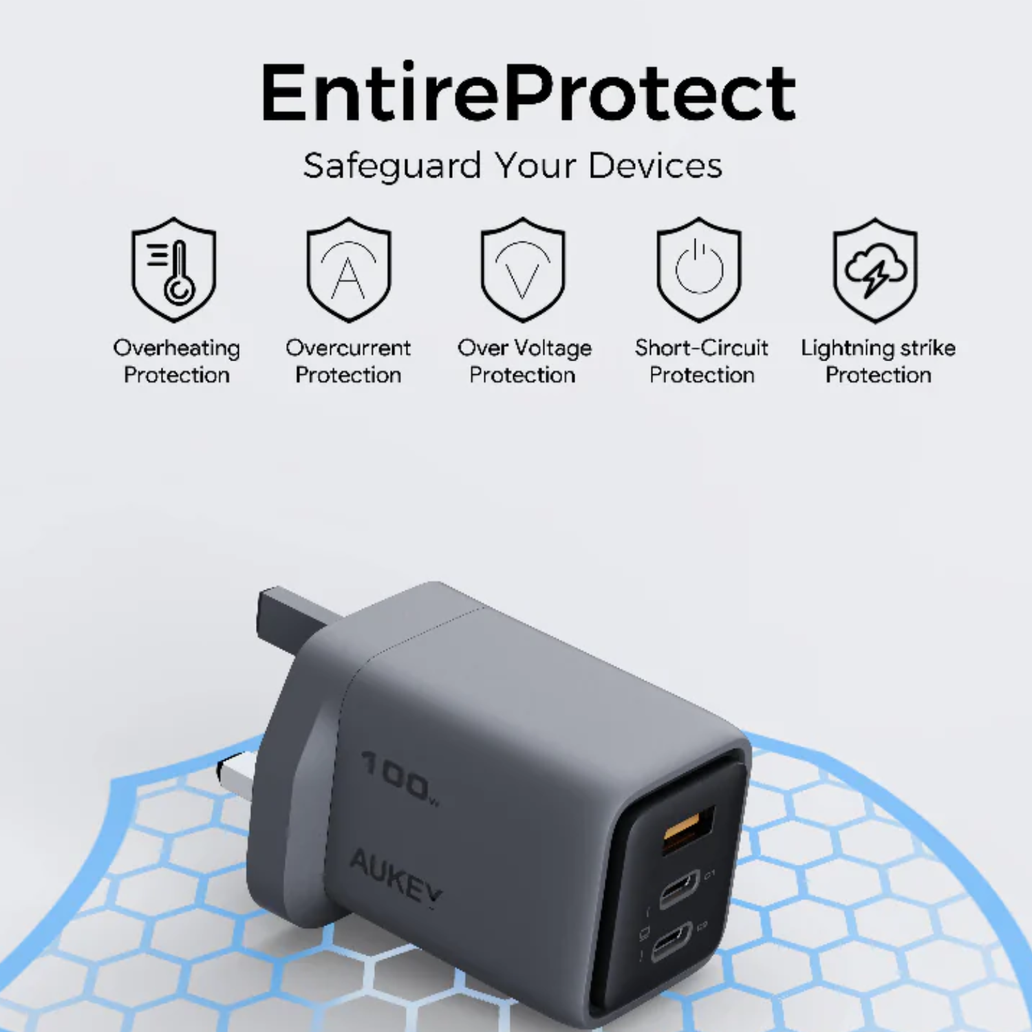 AUKEY PA-C5 Comet Mix 3 100W PD 3-Port GaN Wall Charger with PPS for Laptop & Mobile (2 Years Warranty)