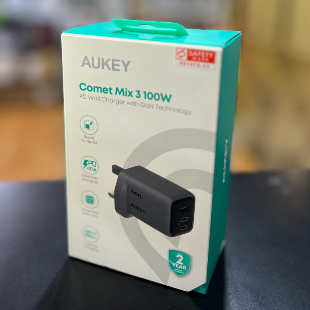 AUKEY PA-C5 Comet Mix 3 100W PD 3-Port GaN Wall Charger with PPS for Laptop & Mobile (2 Years Warranty)