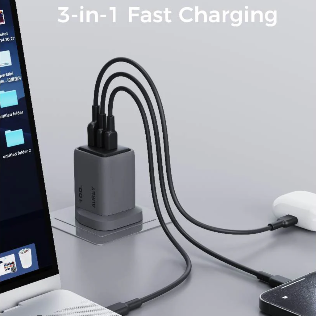 AUKEY PA-C5 Comet Mix 3 100W PD 3-Port GaN Wall Charger with PPS for Laptop & Mobile (2 Years Warranty)