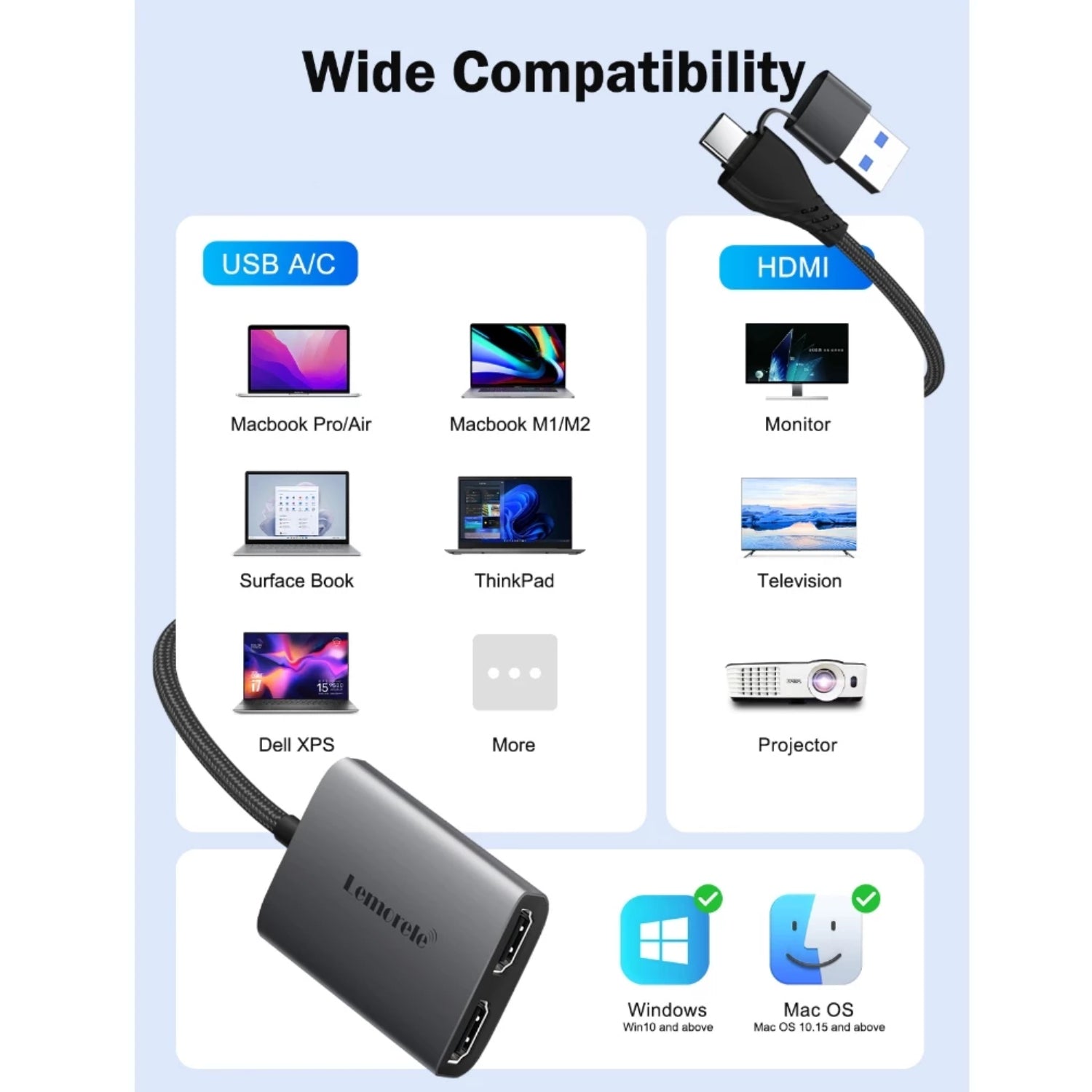 LEMORELE DUAL HDMI Adapter MST for MacOS & Windows (2 Models)