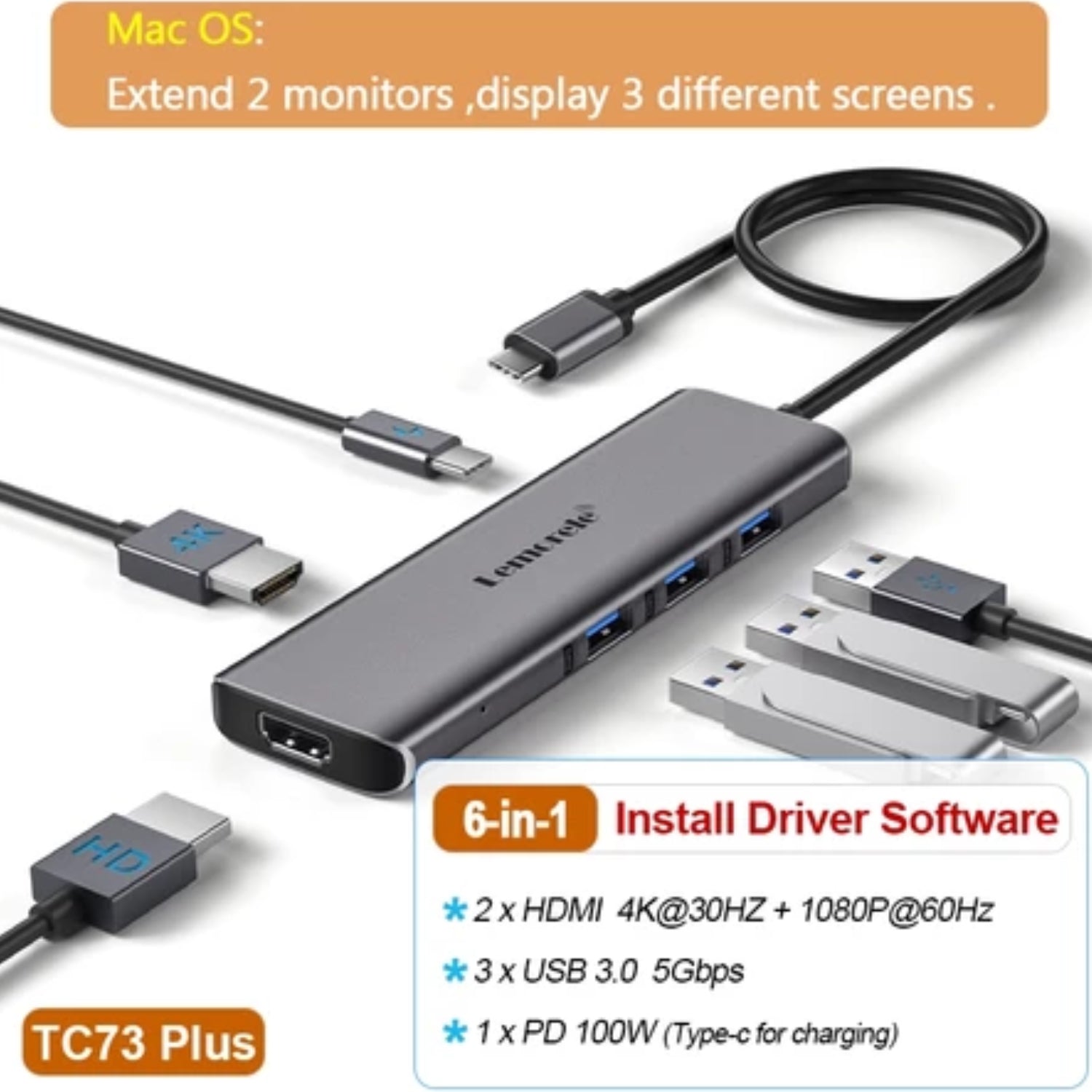 LEMORELE DUAL HDMI Adapter MST for MacOS & Windows (2 Models)