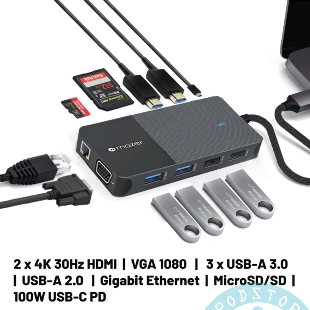 MAZER 11 in 1 Pro Hub with 2 x 4K HDMI with MST (For Windows)