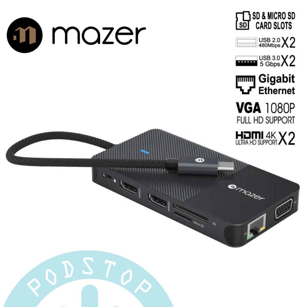MAZER 11 in 1 Pro Hub with 2 x 4K HDMI with MST (For Windows)