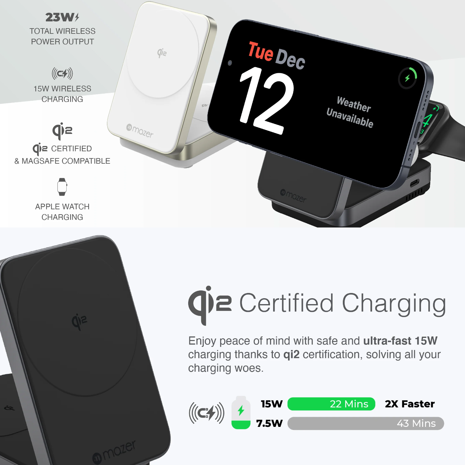 Mazer MagFold Trio 3 in 1 Qi2-Certified Wireless Charger (2 Colours)