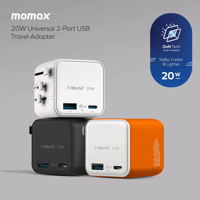MOMAX 1-World² 20W Universal 2-Port Travel Adapter