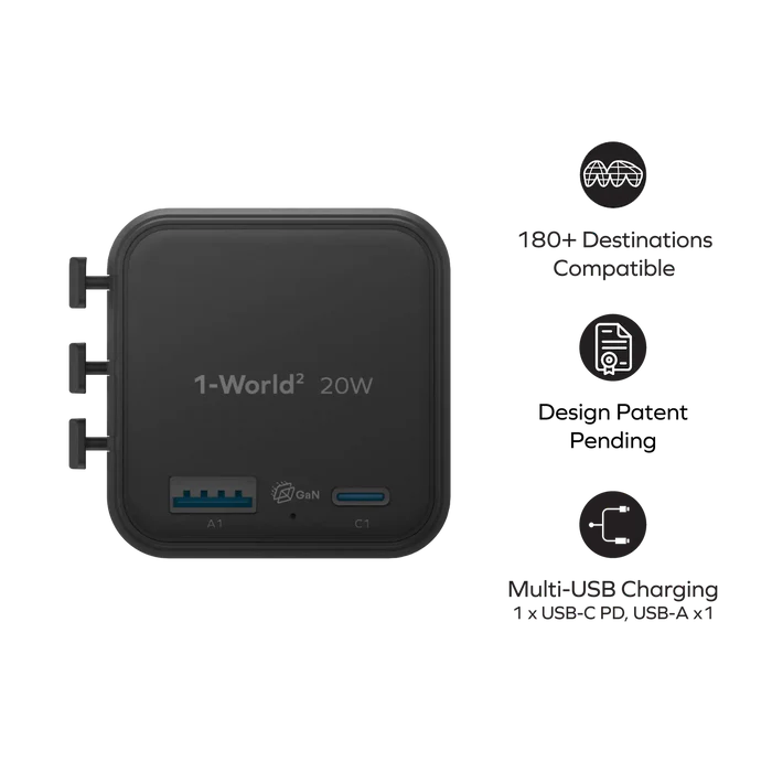 MOMAX 1-World² 20W Universal 2-Port Travel Adapter