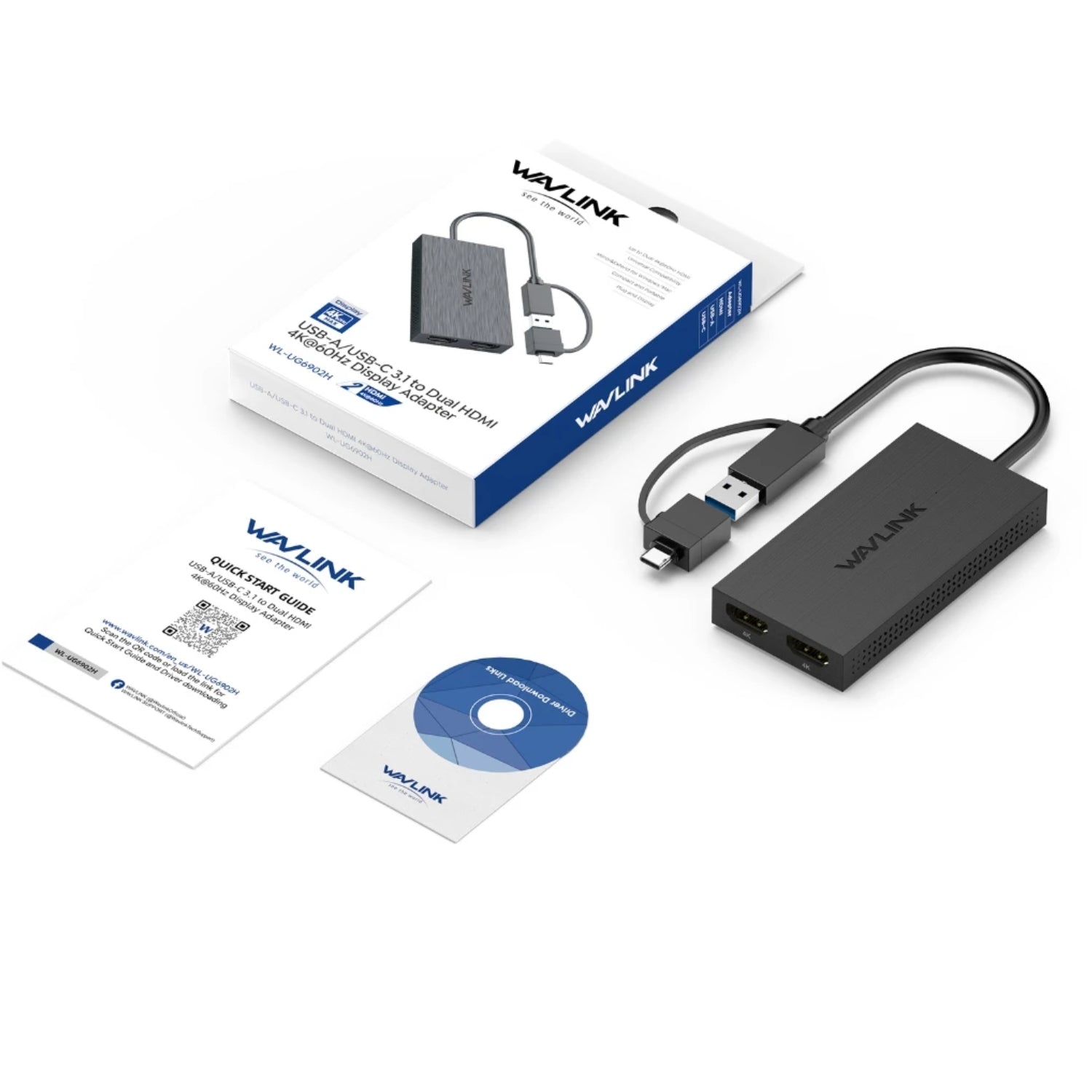 WAVLINK USB-A/USB-C 3.1 to Dual HDMI 4K60Hz Display Adapter (MST for MacOS & Windows)