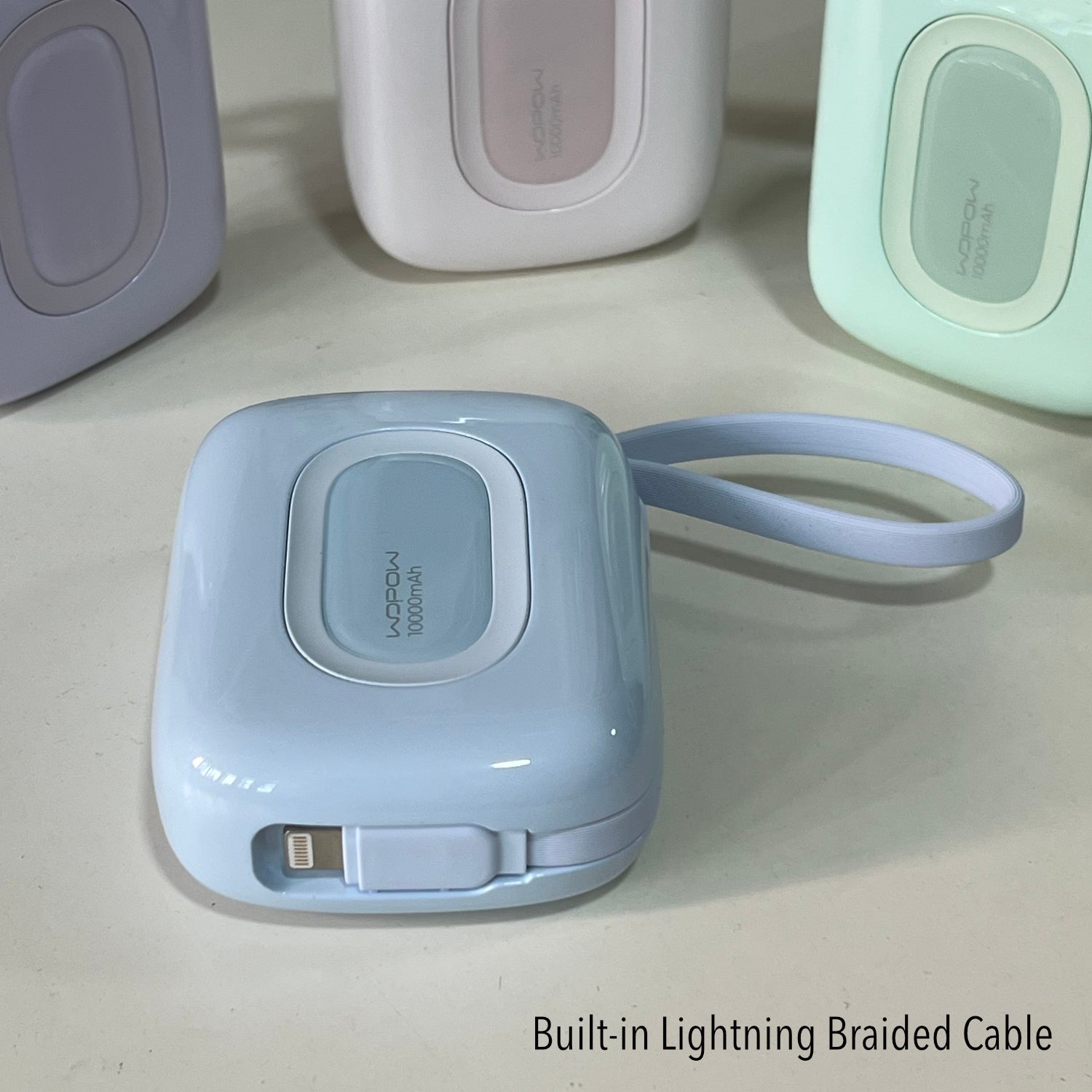 WOPOW Mini 10,000 mAh PowerBank with Built-in USB-C & Lightning Braided Cable (4 Colours)