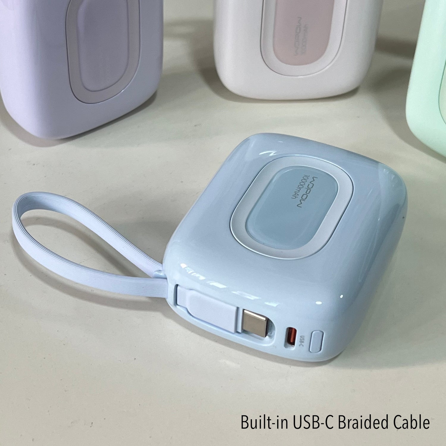WOPOW Mini 10,000 mAh PowerBank with Built-in USB-C & Lightning Braided Cable (4 Colours)